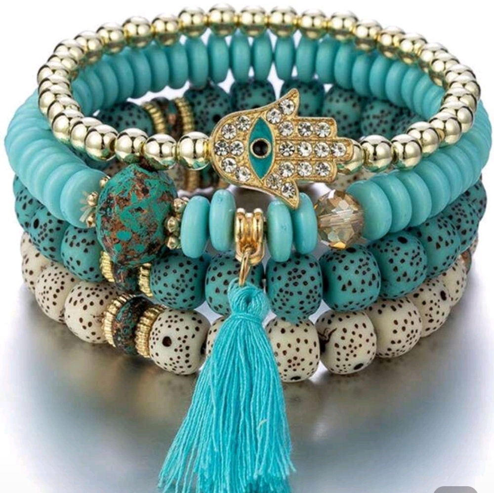 Turquoise and Gold Beaded Bracelet Set